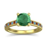 Emerald Ring In 14k Yellow Gold With Swiss Blue Topaz And Garnet Vakra Round Classic Ring