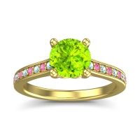 Peridot Ring In 18k Yellow Gold With Aquamarine And Pink Tourmaline Vakra Round Classic Ring