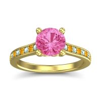 Pink Tourmaline Ring In 14k Yellow Gold With Aquamarine And Citrine Vakra Round Classic Ring