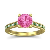 Pink Tourmaline Ring In 14k Yellow Gold With Aquamarine And Emerald Vakra Round Classic Ring