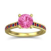 Pink Tourmaline Ring In 18k Yellow Gold With Blue Sapphire And Ruby Vakra Round Classic Ring
