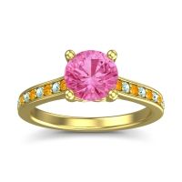Pink Tourmaline Ring In 14k Yellow Gold With Citrine And Aquamarine Vakra Round Classic Ring