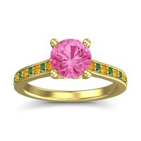 Pink Tourmaline Ring In 14k Yellow Gold With Citrine And Emerald Vakra Round Classic Ring