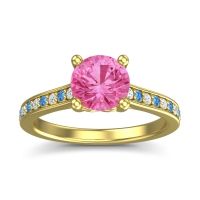 Pink Tourmaline Ring In 14k Yellow Gold With Lab Diamond And Swiss Blue Topaz Vakra Round Classic Ring