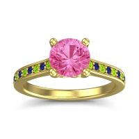 Pink Tourmaline Ring In 14k Yellow Gold With Peridot And Blue Sapphire Vakra Round Classic Ring