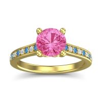 Pink Tourmaline Ring In 14k Yellow Gold With Swiss Blue Topaz And Lab Diamond Vakra Round Classic Ring