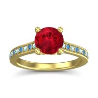 Ruby Ring In 14k Yellow Gold With Aquamarine And Swiss Blue Topaz Vakra Round Classic Ring