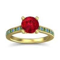 Ruby Ring In 18k Yellow Gold With Emerald And Swiss Blue Topaz Vakra Round Classic Ring