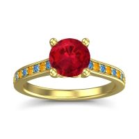 Ruby Ring In 18k Yellow Gold With Swiss Blue Topaz And Citrine Vakra Round Classic Ring