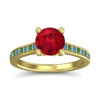 Lab Ruby Ring In 14k Yellow Gold With Swiss Blue Topaz And Emerald Vakra Round Classic Ring
