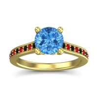 Swiss Blue Topaz Ring In 18k Yellow Gold With Black Onyx And Ruby Vakra Round Classic Ring
