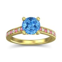 Swiss Blue Topaz Ring In 18k Yellow Gold With Pink Tourmaline And Lab Diamond Vakra Round Classic Ring