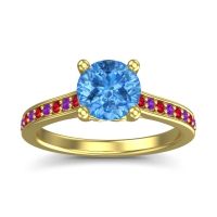 Swiss Blue Topaz Ring In 18k Yellow Gold With Ruby And Amethyst Vakra Round Classic Ring