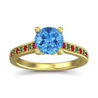 Swiss Blue Topaz Ring In 18k Yellow Gold With Ruby And Emerald Vakra Round Classic Ring