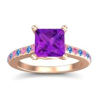 Amethyst Ring In 14K Rose Gold With Pink Tourmaline And Swiss Blue Topaz Racana Princess Classic Ring
