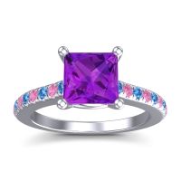 Amethyst Ring In 14k White Gold With Swiss Blue Topaz And Pink Tourmaline Racana Princess Classic Ring