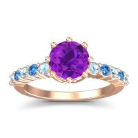 Amethyst Ring In 18K Rose Gold With Aquamarine And Swiss Blue Topaz Musa Round Classic Ring