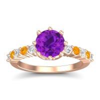 Amethyst Ring In 14K Rose Gold With Diamond And Citrine Musa Round Classic Ring