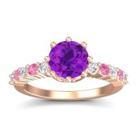 Amethyst Ring In 14K Rose Gold With Diamond And Pink Tourmaline Musa Round Classic Ring
