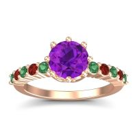 Amethyst Ring In 18K Rose Gold With Emerald And Garnet Musa Round Classic Ring