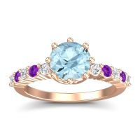 Aquamarine Ring In 14K Rose Gold With Lab Diamond And Amethyst Musa Round Classic Ring