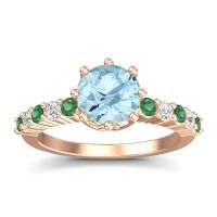 Aquamarine Ring In 14K Rose Gold With Emerald And Lab Diamond Musa Round Classic Ring