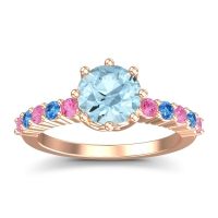 Aquamarine Ring In 14K Rose Gold With Pink Tourmaline And Swiss Blue Topaz Musa Round Classic Ring