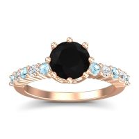 Black Onyx Engagement Ring In 18K Rose Gold With Aquamarine And Diamond - Musa Round Classic Ring