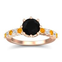 Black Onyx Engagement Ring In 18K Rose Gold With Citrine And Diamond - Musa Round Classic Ring