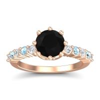 Black Onyx Ring In 18K Rose Gold With Diamond And Aquamarine Musa Round Classic Ring