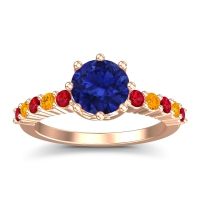 Lab Blue Sapphire Ring In 18K Rose Gold With Ruby And Citrine Musa Round Classic Ring