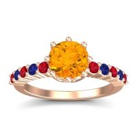 Citrine Ring In 18K Rose Gold With Ruby And Blue Sapphire Musa Round Classic Ring