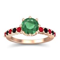Emerald Ring In 18K Rose Gold With Ruby And Black Onyx Musa Round Classic Ring