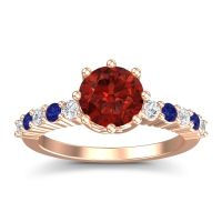 Garnet Ring In 18K Rose Gold With Diamond And Blue Sapphire Musa Round Classic Ring
