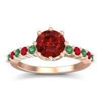 Garnet Ring In 18K Rose Gold With Emerald And Ruby Musa Round Classic Ring