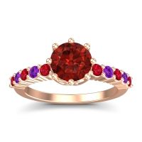 Garnet Ring In 18K Rose Gold With Ruby And Amethyst Musa Round Classic Ring