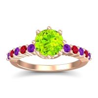 Peridot Ring In 18K Rose Gold With Amethyst And Ruby Musa Round Classic Ring