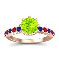 Peridot Ring In 18K Rose Gold With Blue Sapphire And Ruby Musa Round Classic Ring