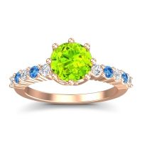 Peridot Ring In 18K Rose Gold With Diamond And Swiss Blue Topaz Musa Round Classic Ring