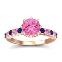 Pink Tourmaline Ring In 18K Rose Gold With Blue Sapphire Musa Round Classic Ring
