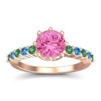 Pink Tourmaline Ring In 18K Rose Gold With Emerald And Swiss Blue Topaz Musa Round Classic Ring
