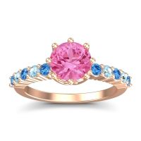 Pink Tourmaline Ring In 14K Rose Gold With Swiss Blue Topaz And Aquamarine Musa Round Classic Ring