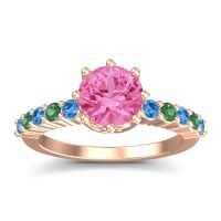Pink Tourmaline Ring In 14K Rose Gold With Swiss Blue Topaz And Emerald Musa Round Classic Ring