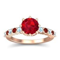 Ruby Ring In 18K Rose Gold With Aquamarine And Garnet Musa Round Classic Ring