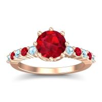 Lab Ruby Ring In 14K Rose Gold With Aquamarine And Ruby Musa Round Classic Ring