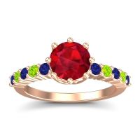 Ruby Ring In 18K Rose Gold With Blue Sapphire And Peridot Musa Round Classic Ring