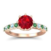 Ruby Ring In 18K Rose Gold With Emerald And Aquamarine Musa Round Classic Ring