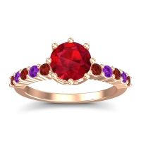 Ruby Ring In 14K Rose Gold With Garnet And Amethyst Musa Round Classic Ring