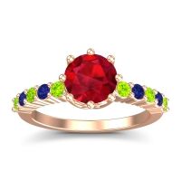 Lab Ruby Ring In 18K Rose Gold With Peridot And Blue Sapphire Musa Round Classic Ring