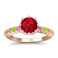 Ruby Ring In 14K Rose Gold With Pink Tourmaline And Peridot Musa Round Classic Ring